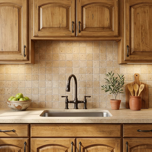 Walnut Travertine 2x2 Tumbled Travertine Mosaic — Kitchen backsplash