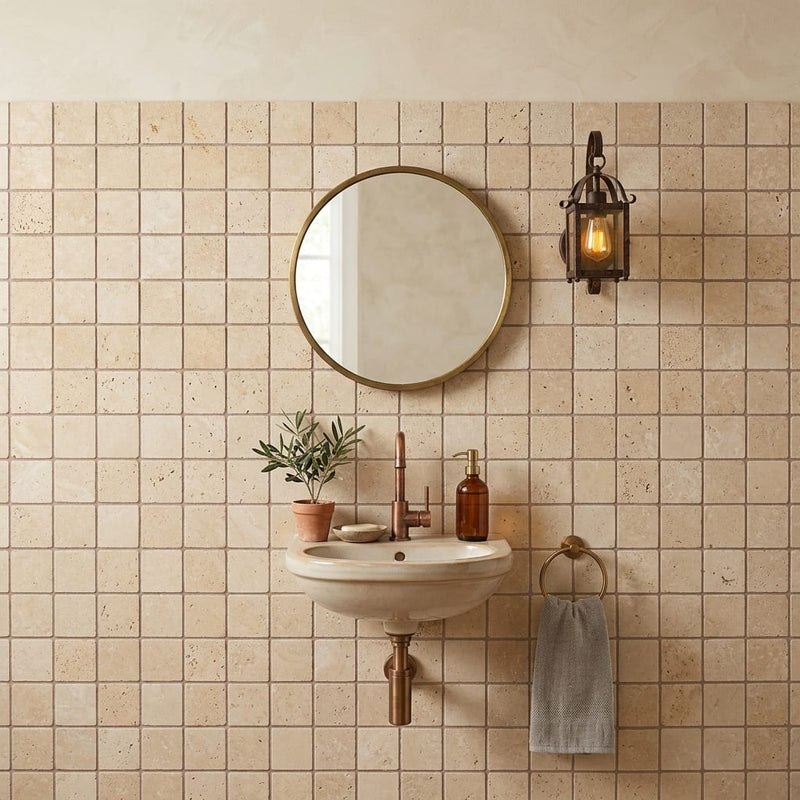 Walnut Travertine 2x2 Tumbled Travertine Mosaic — Powder Room wall