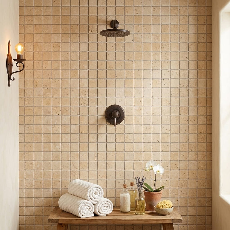 Walnut Travertine 2x2 Tumbled Travertine Mosaic — Spa spa interior