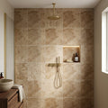 Walnut Travertine 24x24 Filled & Honed Travertine Tile — Bathroom shower wall