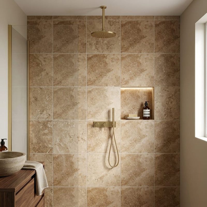 Walnut Travertine 24x24 Filled & Honed Travertine Tile — Bathroom shower wall