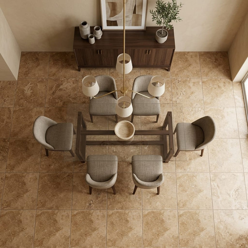 Walnut Travertine 24x24 Filled & Honed Travertine Tile — Dining Room floor