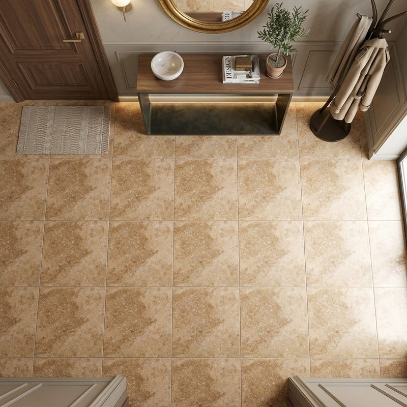 Walnut Travertine 24x24 Filled & Honed Travertine Tile — Foyer floor