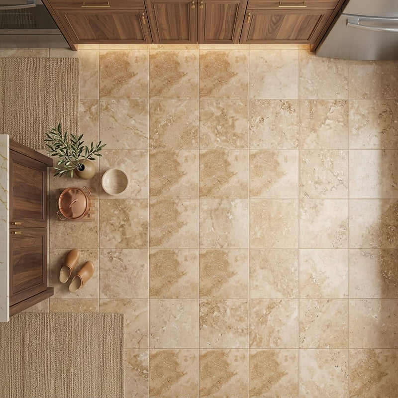 Walnut Travertine 24x24 Filled & Honed Travertine Tile — Kitchen floor