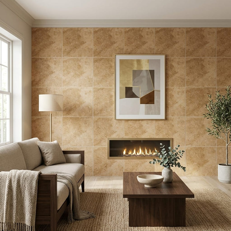 Walnut Travertine 24x24 Filled & Honed Travertine Tile — Living Room feature wall