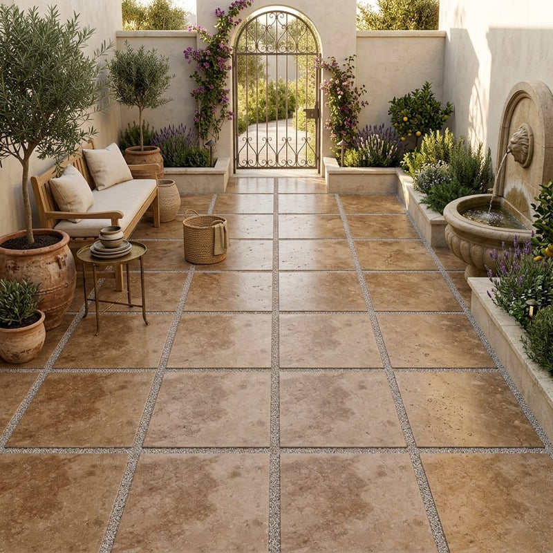 Walnut Travertine 24x24 Tumbled Travertine Paver — Courtyard paving