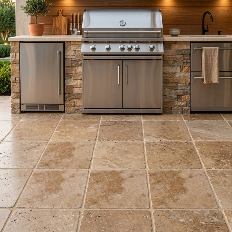 Walnut Travertine 24x24 Tumbled Travertine Paver — Outdoor Kitchen floor