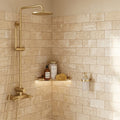 Walnut Travertine 3x6 Honed Travertine Tile — Bathroom shower wall