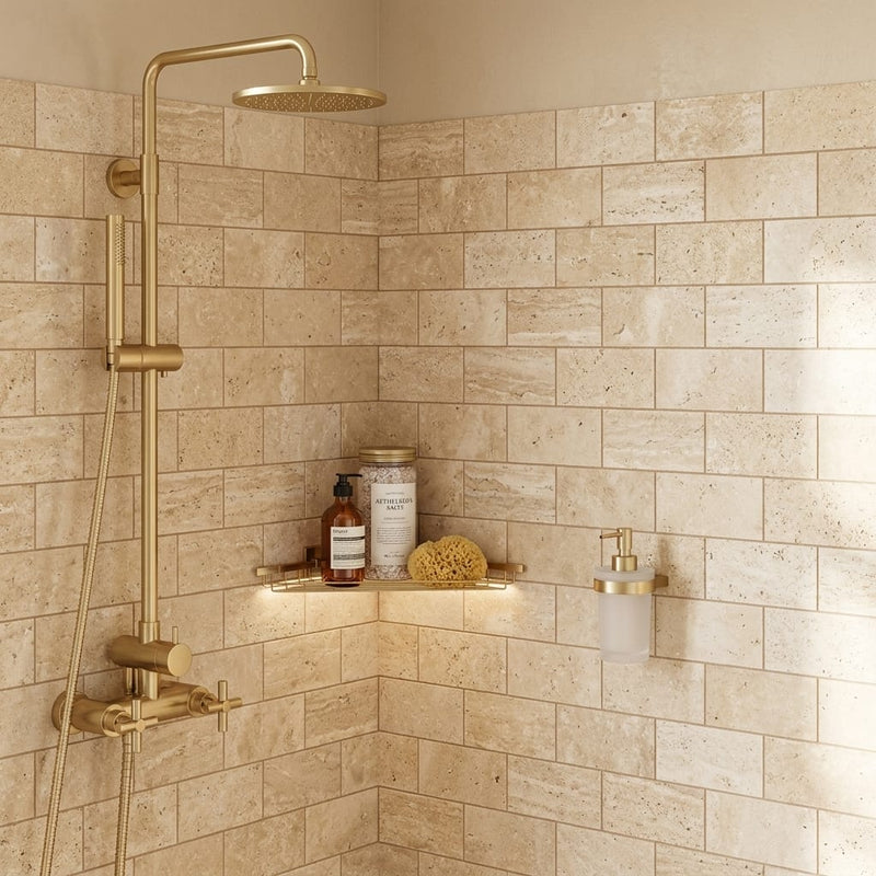 Walnut Travertine 3x6 Honed Travertine Tile — Bathroom shower wall