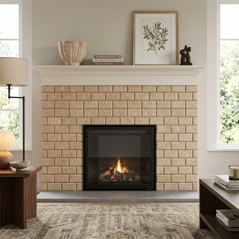 Walnut Travertine 3x6 Honed Travertine Tile — Living Room fireplace surround