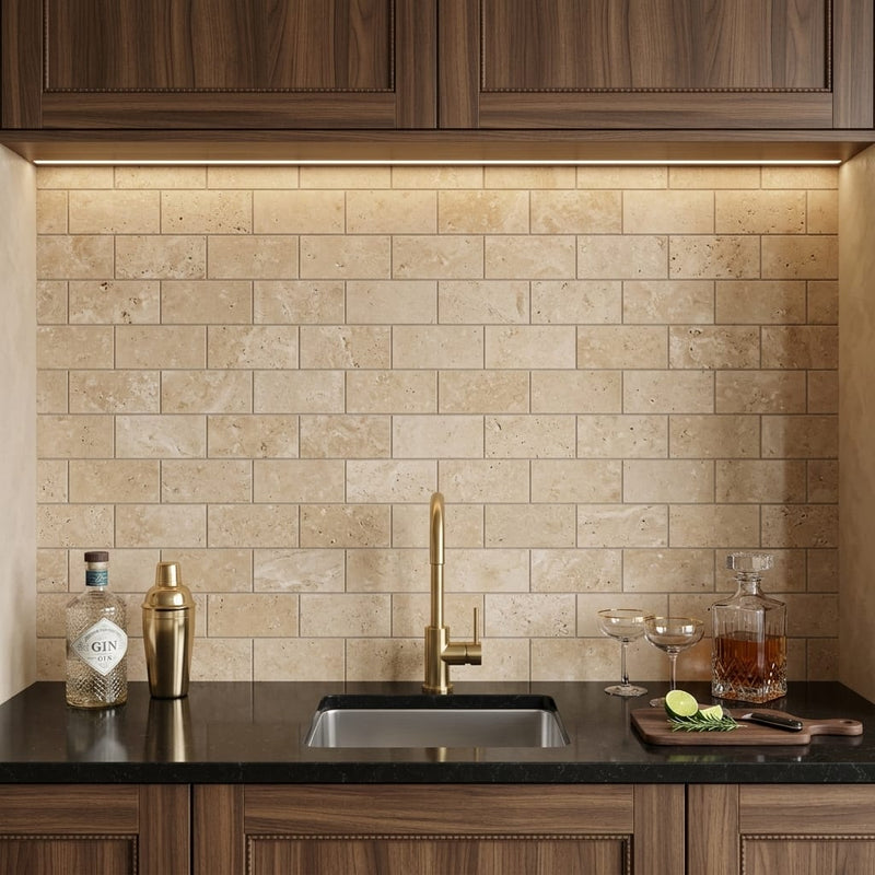 Walnut Travertine 3x6 Honed Travertine Tile — Wet Bar backsplash