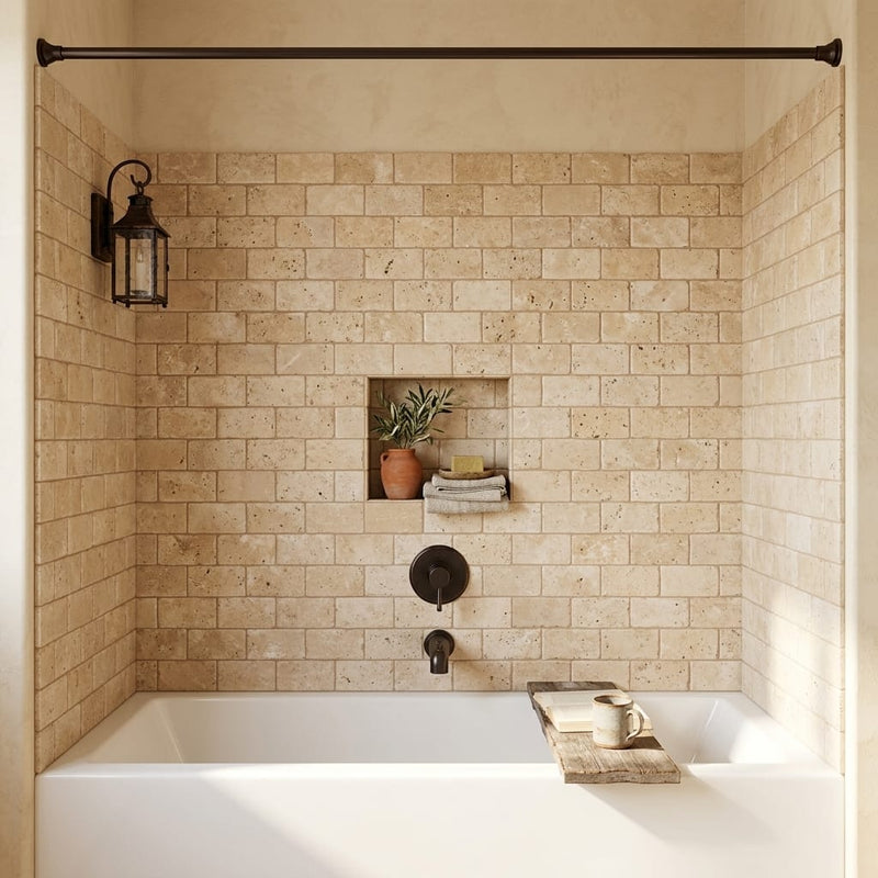 Walnut Travertine 3x6 Tumbled Travertine Tile — Bathroom tub surround