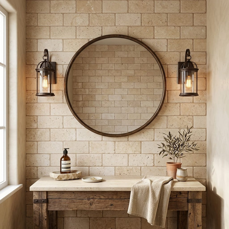 Walnut Travertine 3x6 Tumbled Travertine Tile — Bathroom wall