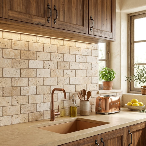 Walnut Travertine 3x6 Tumbled Travertine Tile — Kitchen backsplash
