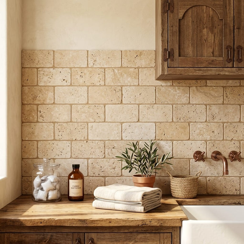 Walnut Travertine 3x6 Tumbled Travertine Tile — Laundry Room backsplash