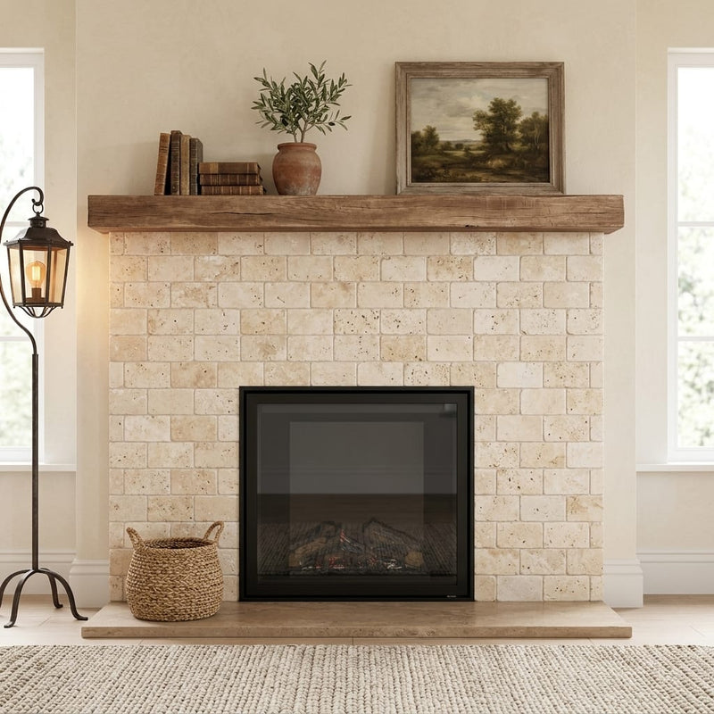 Walnut Travertine 3x6 Tumbled Travertine Tile — Living Room fireplace surround