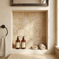 Walnut Travertine 4x4 Tumbled Travertine Tile — Bathroom niche