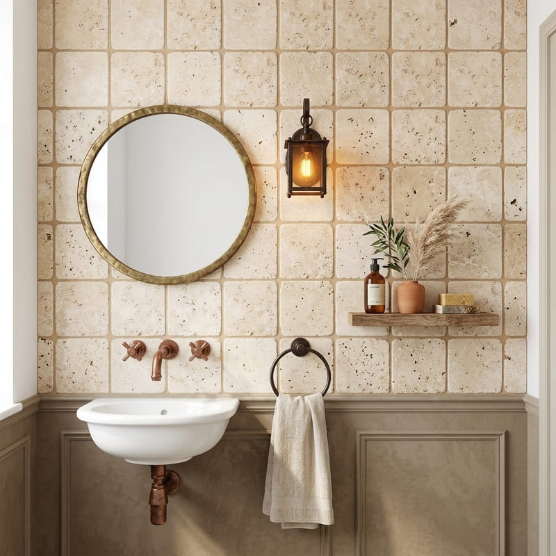 Walnut Travertine 4x4 Tumbled Travertine Tile — Powder Room wall