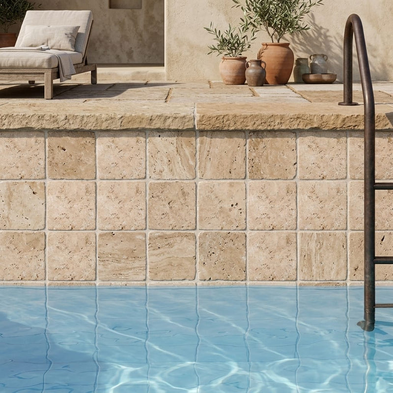 Walnut Travertine 4x4 Tumbled Travertine Tile — Swimming Pool waterline