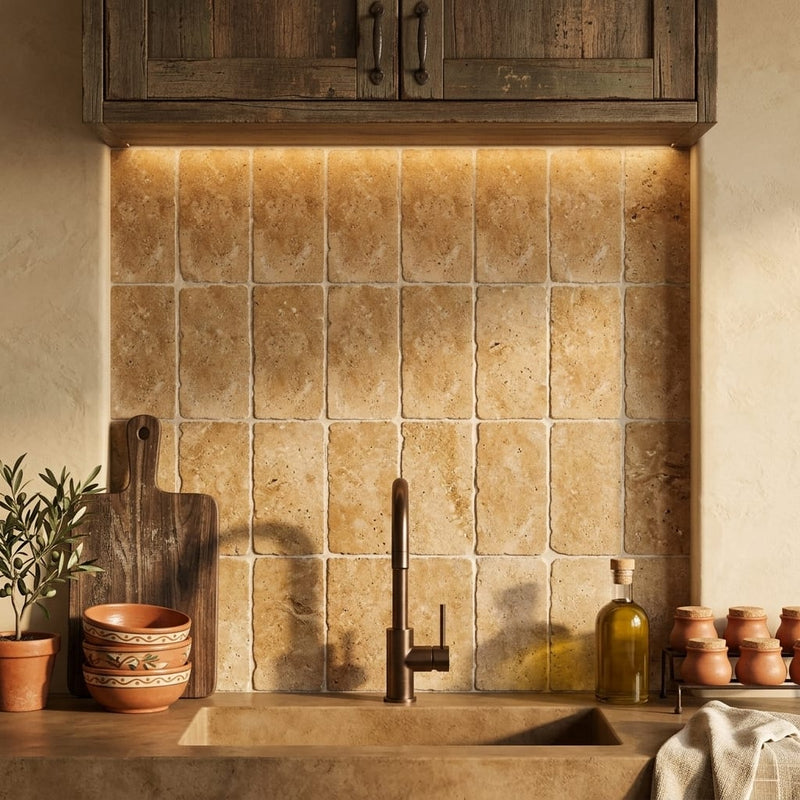 Walnut Travertine 6x12 Tumbled Travertine Tile — Kitchen backsplash