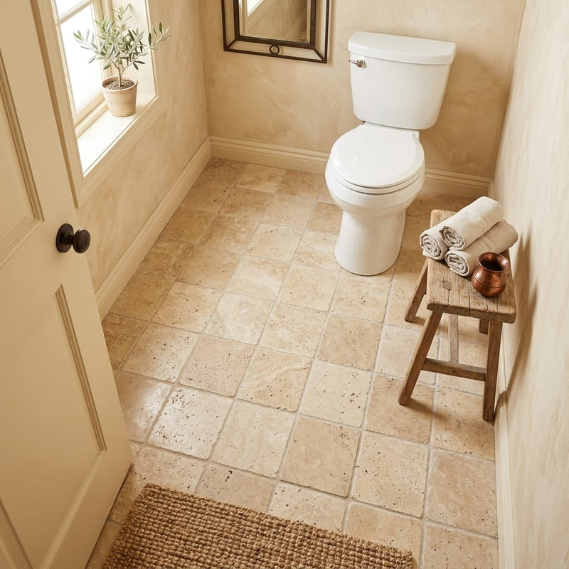 Walnut Travertine 6x6 Tumbled Travertine Tile — Bathroom floor