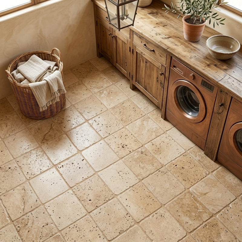 Walnut Travertine 6x6 Tumbled Travertine Tile — Laundry Room floor