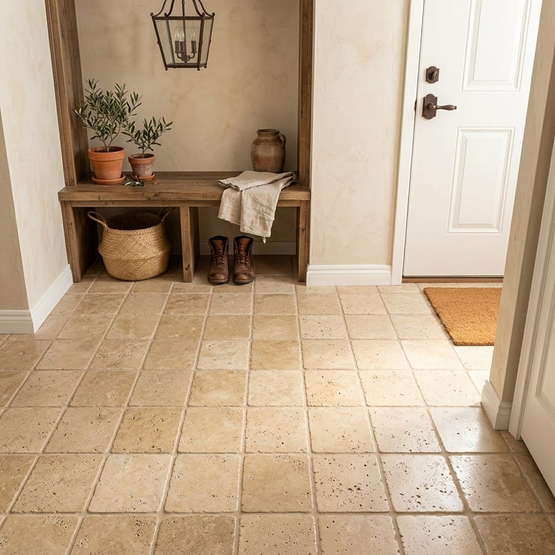 Walnut Travertine 6x6 Tumbled Travertine Tile — Mudroom floor