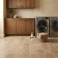 Walnut Travertine 8x8 Unfilled, Brushed & Chiseled Travertine Tile — Laundry Room floor