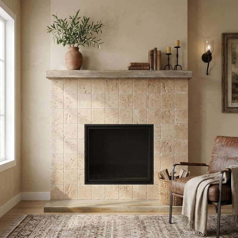 Walnut Travertine 8x8 Unfilled, Brushed & Chiseled Travertine Tile — Living Room fireplace surround