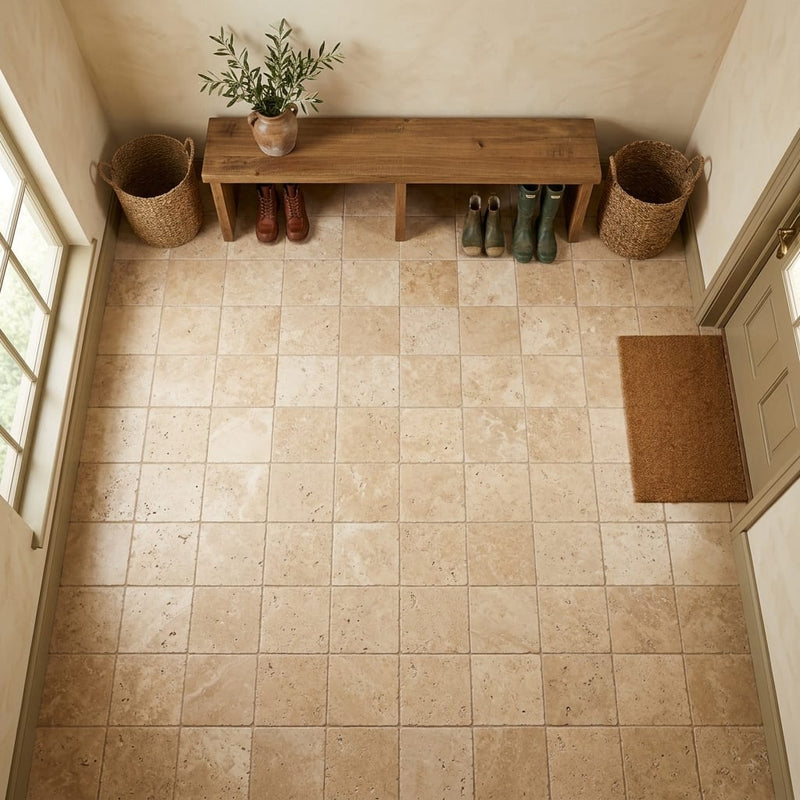 Walnut Travertine 8x8 Unfilled, Brushed & Chiseled Travertine Tile — Mudroom floor
