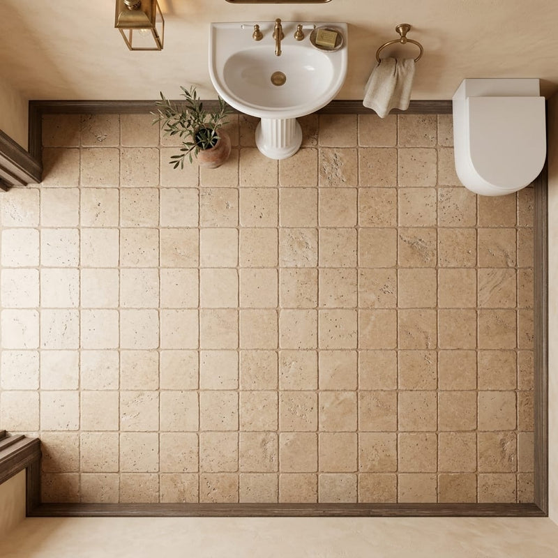 Walnut Travertine 8x8 Unfilled, Brushed & Chiseled Travertine Tile — Powder Room floor