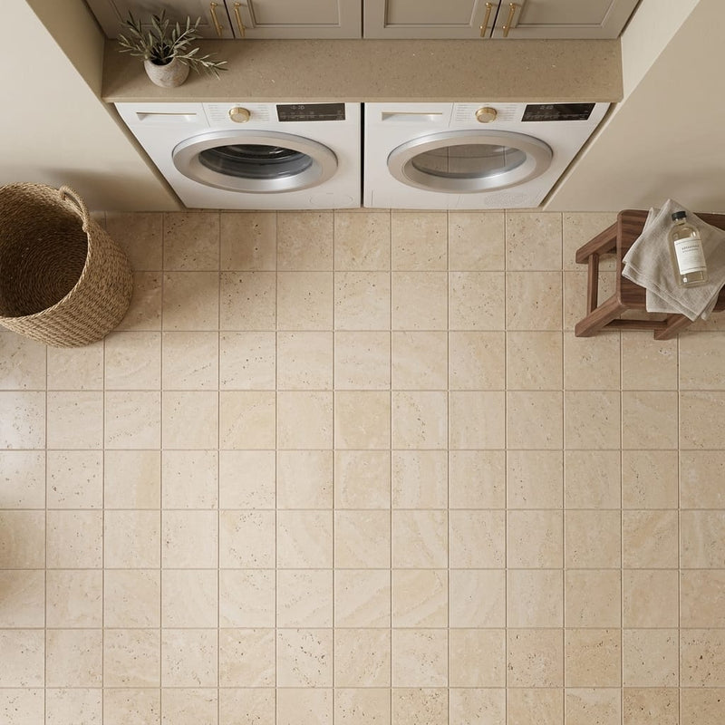 Walnut Travertine 9x9 Honed Travertine Shelf Shower Corner Shelf tile — Laundry Room floor