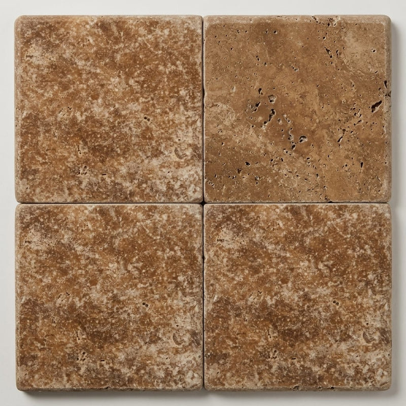 Travertine Coping - Walnut - 14x14 Tumbled Bullnose 2 inch 16x16 close-up