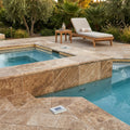Travertine Coping - Walnut - 14x14 Tumbled Bullnose 2 inch 16x16 pool coping — Spa spa overhang edge