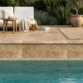 Travertine Coping - Walnut - 14x14 Tumbled Bullnose 2 inch 16x16 pool coping — Swimming Pool remodel pool edge