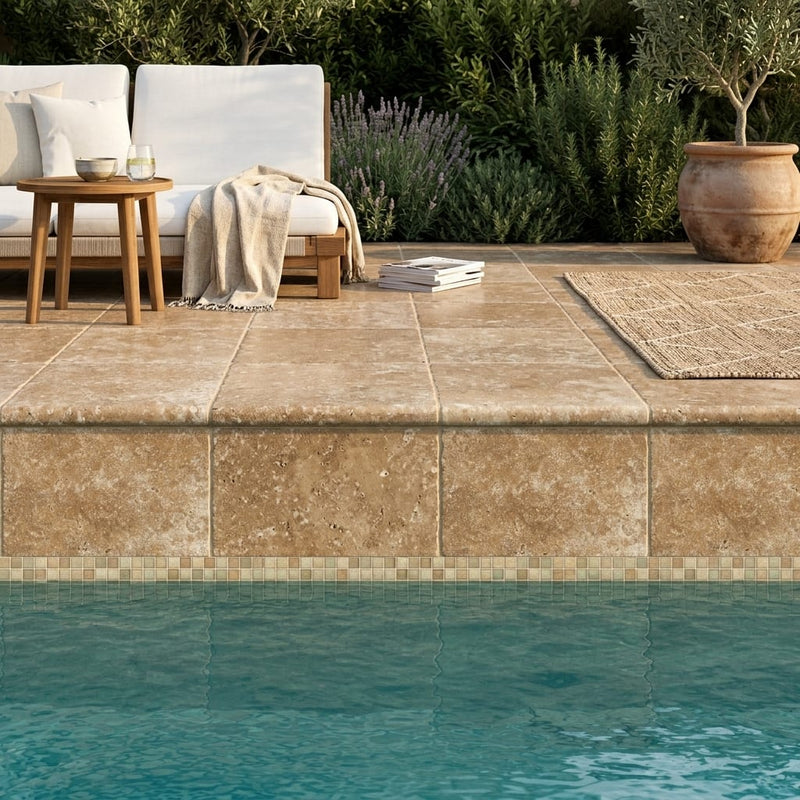 Travertine Coping - Walnut - 14x14 Tumbled Bullnose 2 inch 16x16 pool coping — Swimming Pool remodel pool edge