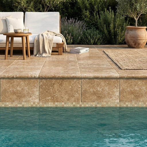 Travertine Coping - Walnut - 14x14 Tumbled Bullnose 2 inch 16x16 pool coping — Swimming Pool remodel pool edge