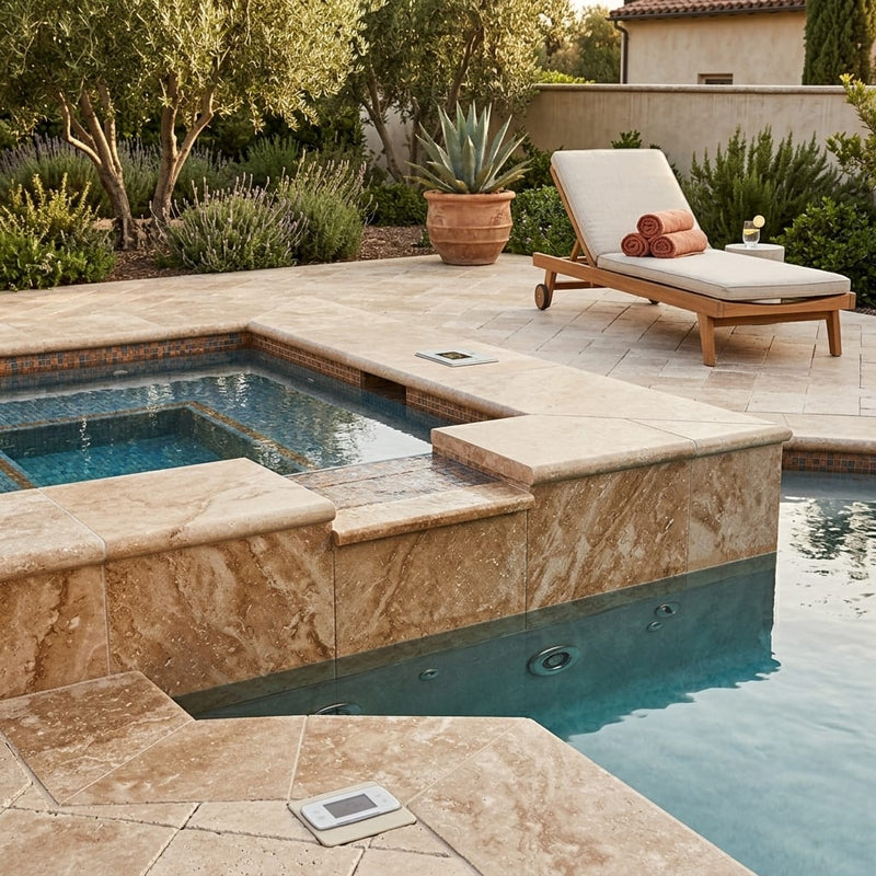 Travertine Coping Walnut 16x16 Double Bullnose Tumbled pool coping — Spa spa overhang edge