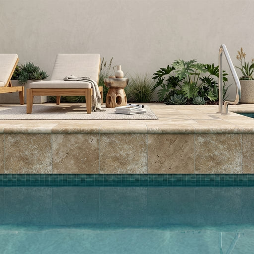 Travertine Coping Walnut 16x16 Double Bullnose Tumbled pool coping — Swimming Pool pool edge drop-face coping