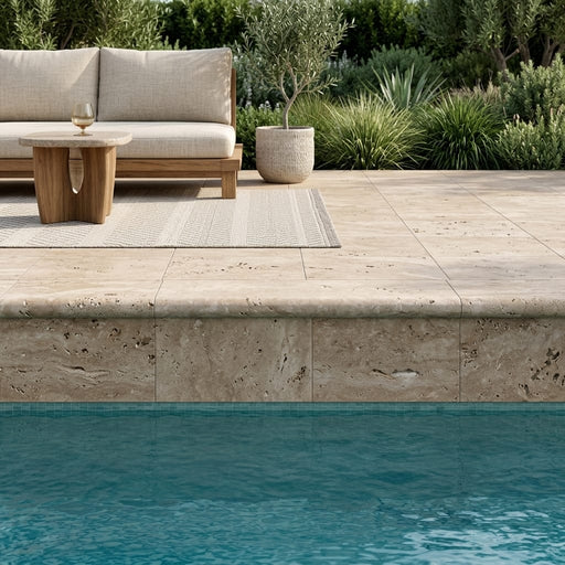 Walnut Travertine Coping Stone in Unfilled Honed - 16x16 inch pool coping — Swimming Pool remodel pool edge