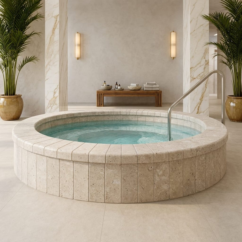Travertine Coping Walnut 4x14 Tumbled Bullnose 2 in 4x12 pool coping — Spa spa overhang edge