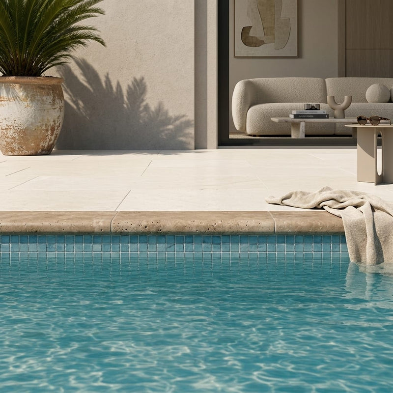 Travertine Coping Walnut 4x14 Tumbled Bullnose 2 in 4x12 pool coping — Swimming Pool pool edge drop-face coping