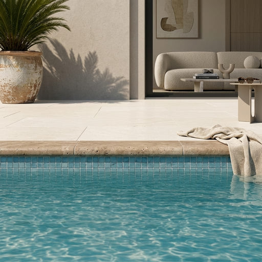 Travertine Coping Walnut 4x14 Tumbled Bullnose 2 in 4x12 pool coping — Swimming Pool pool edge drop-face coping