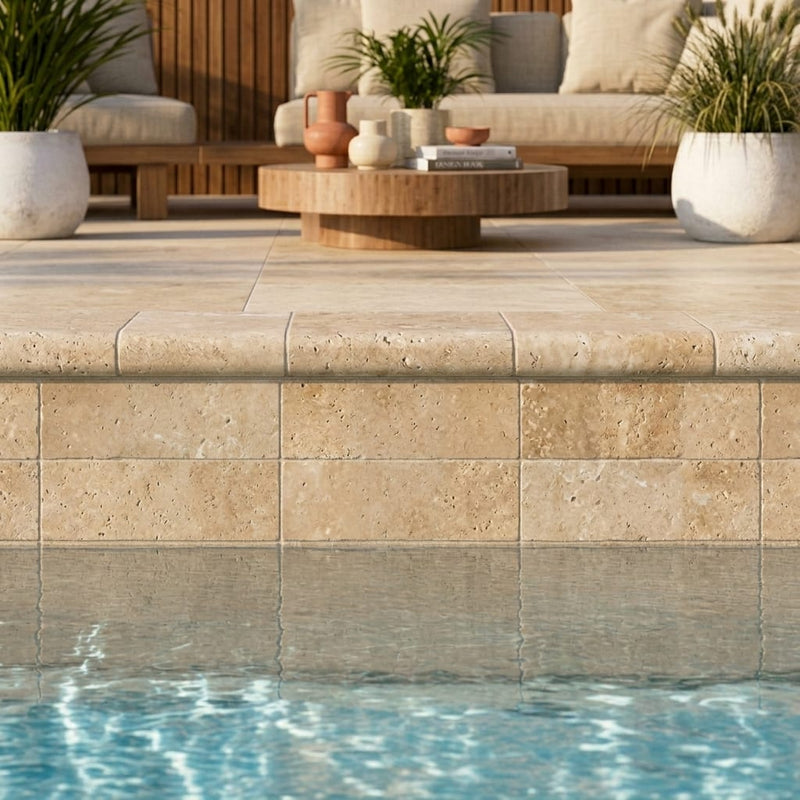 Travertine Coping Walnut 4x14 Tumbled Bullnose 2 in 4x12 pool coping — Swimming Pool remodel pool edge