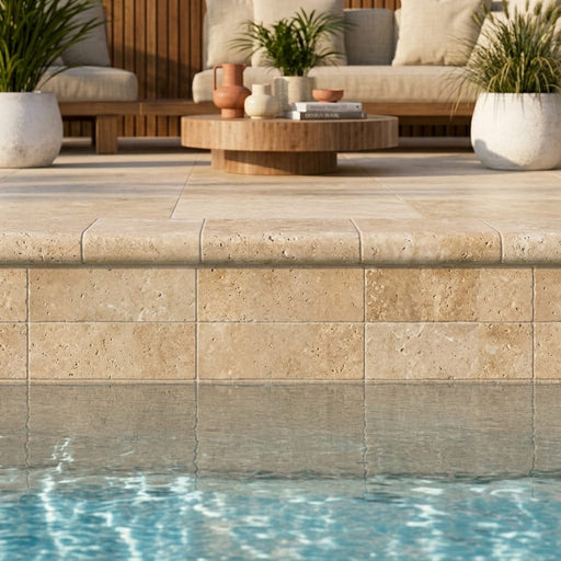 Travertine Coping Walnut 4x14 Tumbled Bullnose 2 in 4x12 pool coping — Swimming Pool remodel pool edge