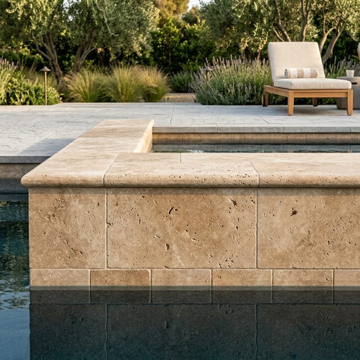 Walnut Travertine Coping 6x12 Tumbled Bullnose 1.25 inch pool coping — Swimming Pool pool edge drop-face coping