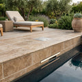 Walnut Travertine Coping 6x12 Tumbled Bullnose 1.25 inch pool coping — Swimming Pool remodel pool edge