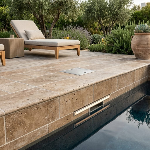 Walnut Travertine Coping 6x12 Tumbled Bullnose 1.25 inch pool coping — Swimming Pool remodel pool edge