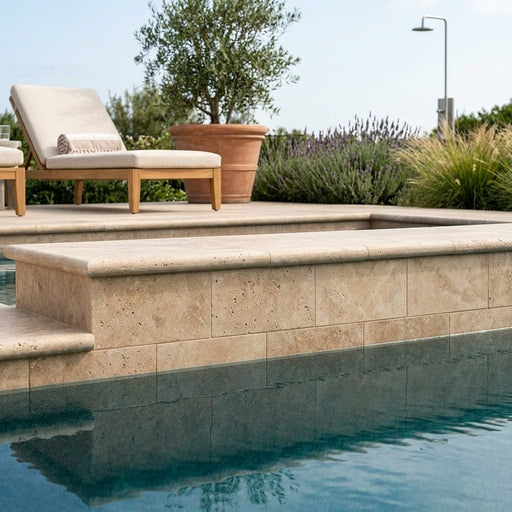 Walnut Travertine Coping 6x12 Unfilled Honed Bullnose 1.25 inch pool coping — Swimming Pool pool edge drop-face coping