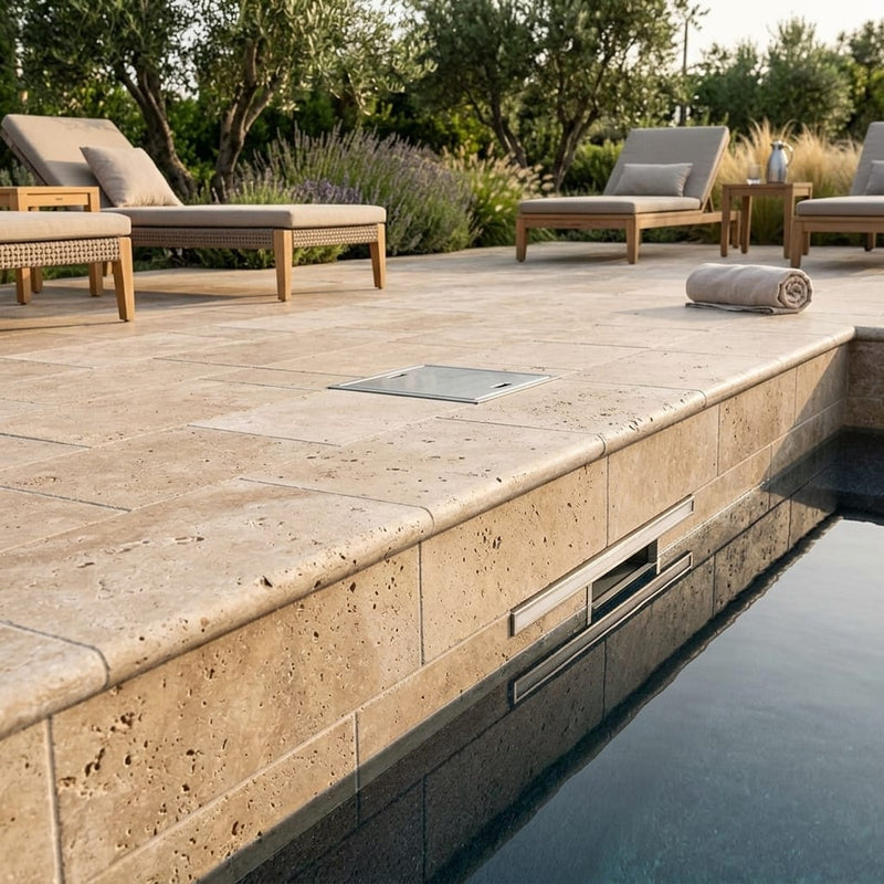Walnut Travertine Coping 6x12 Unfilled Honed Bullnose 1.25 inch pool coping — Swimming Pool remodel pool edge